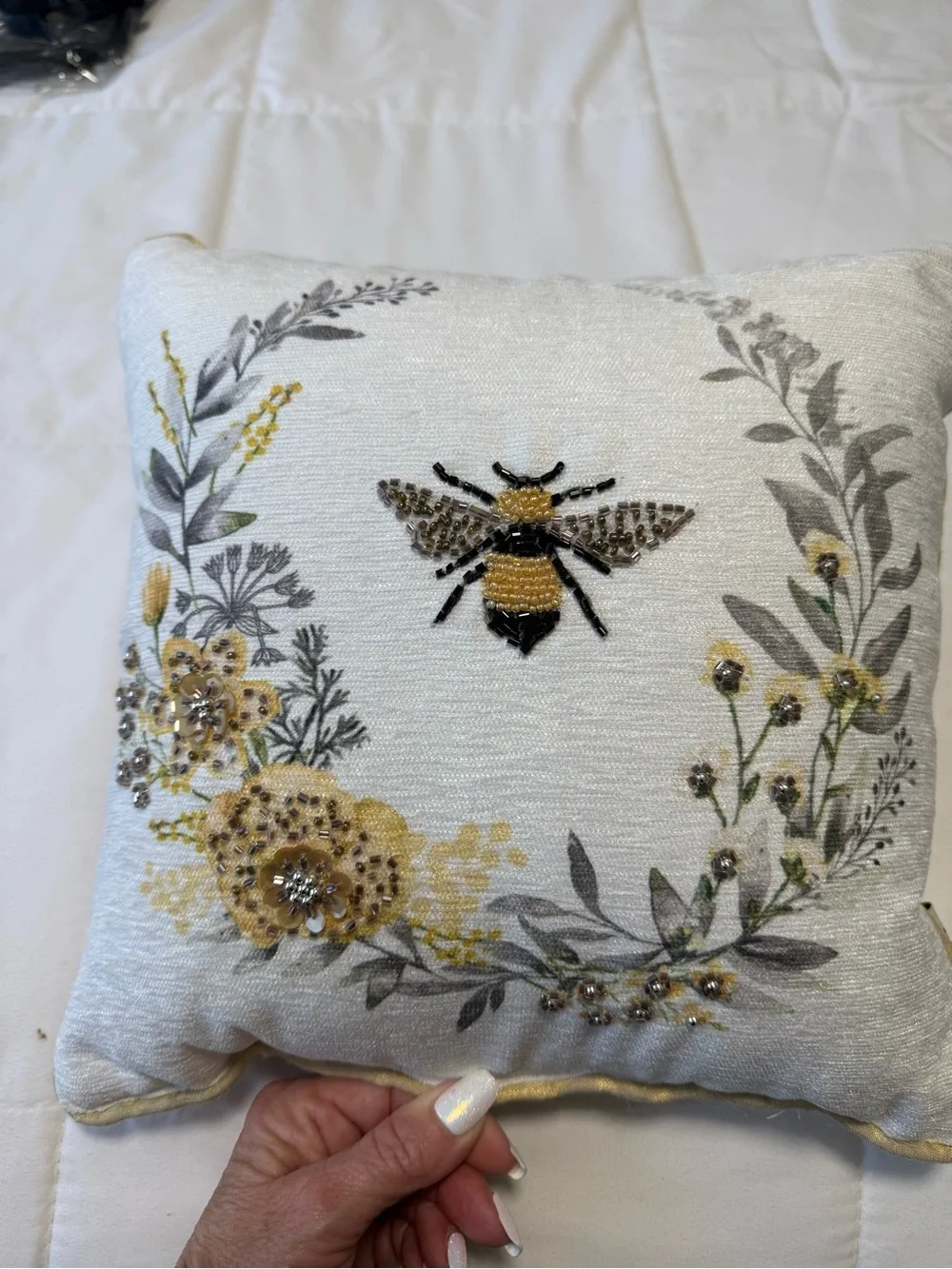 Embroidered beaded Bee Accent Pillow . 11 x 11